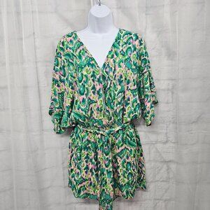 Cupshe Green Pink Camo Romper Belted Boho Festival Colorful L